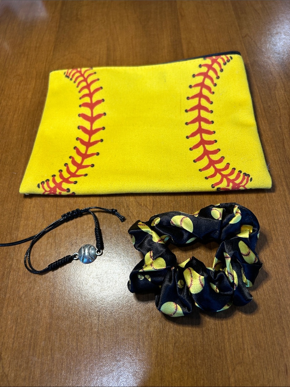 Yellow Softball Zip Pouch with Black Softball Scrunchie and Adjustable Bracelet